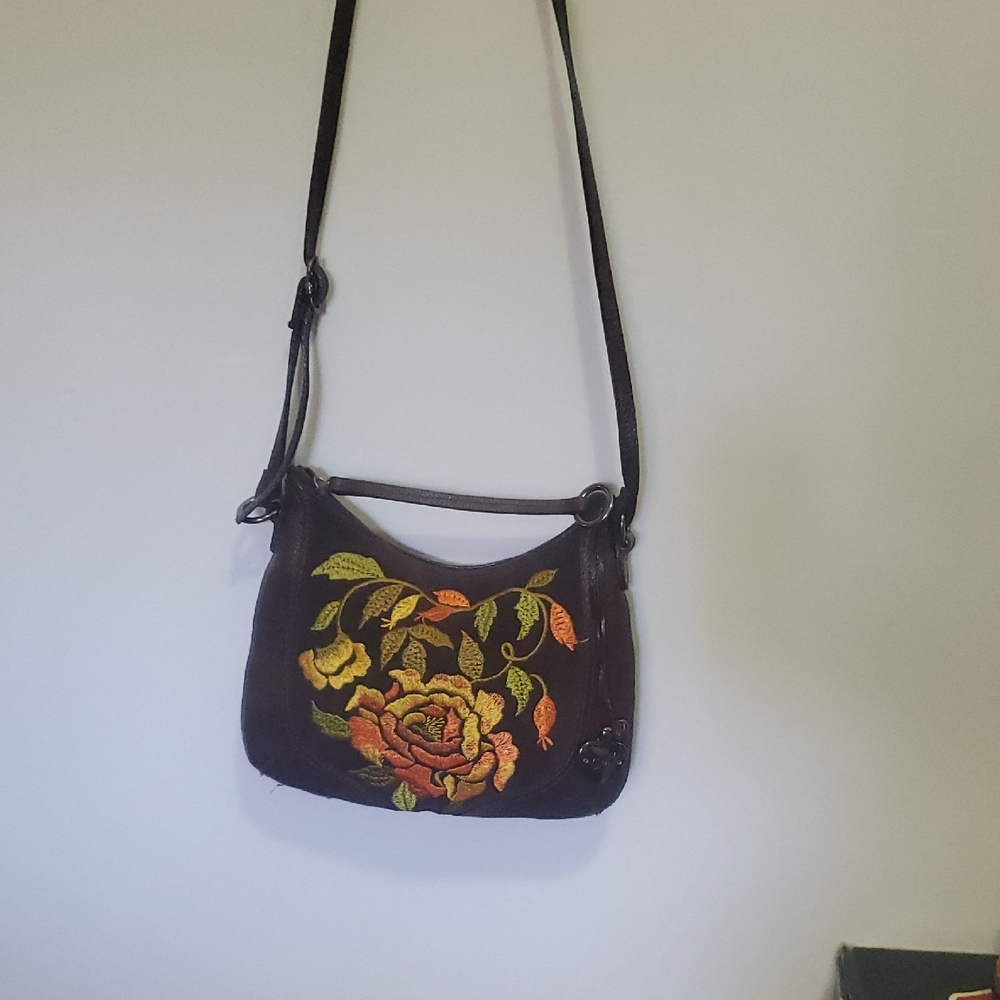 Sharif Studio Leather Brown Embroidered Floral Crossbody Bag - Picture 4 of 14